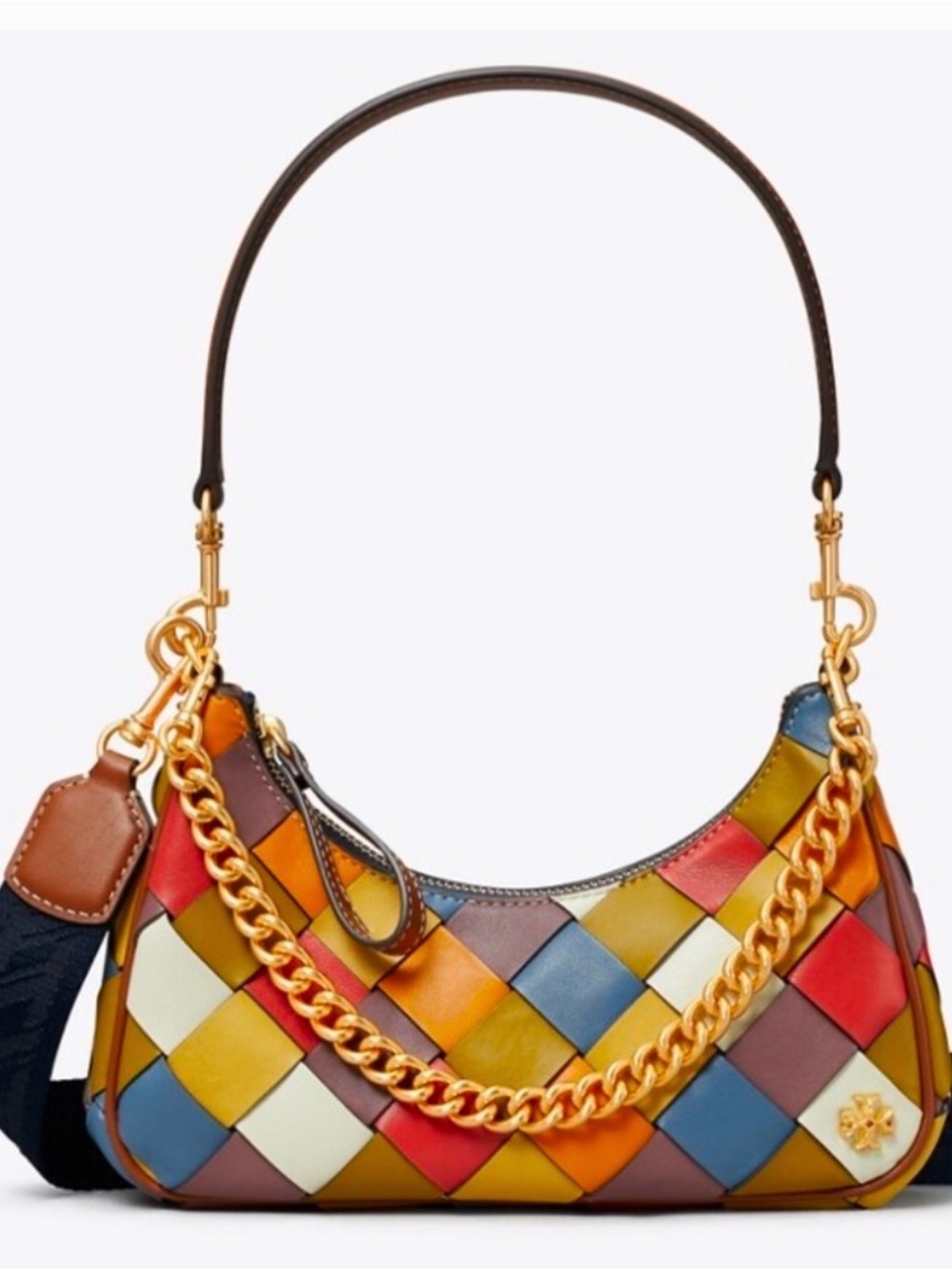 Tory Burch Patchwork Woven Leather 151 Small Crescent Handbag- 3 Carry Options